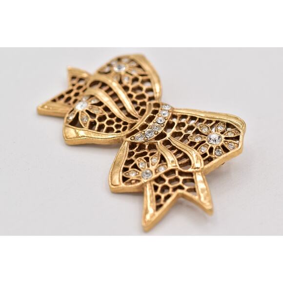 1928 Vintage Floral Bow Pin Brooch Rhinestone Crystal Antiqued Gold 1980s BinBP - Picture 6 of 12
